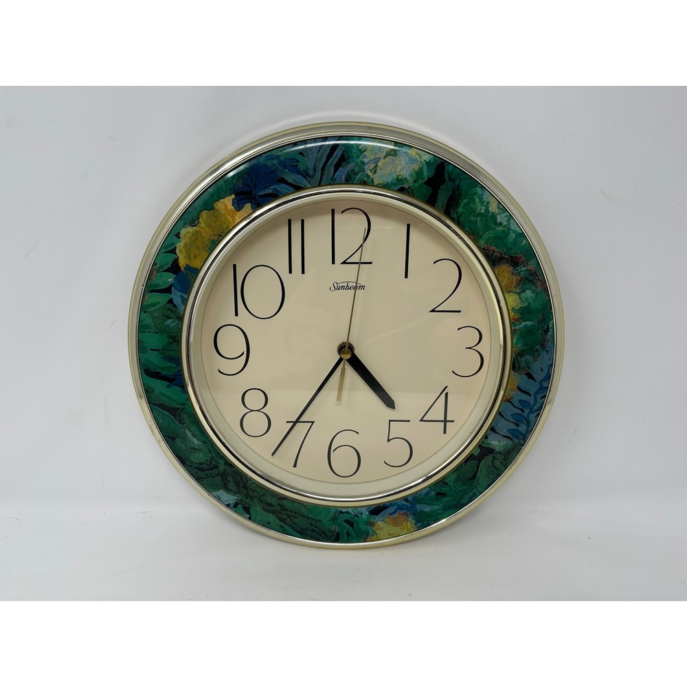 Sunbeam Wall Clock Floral Border Green Yellow Cream Analog Quartz 882-2279 10in